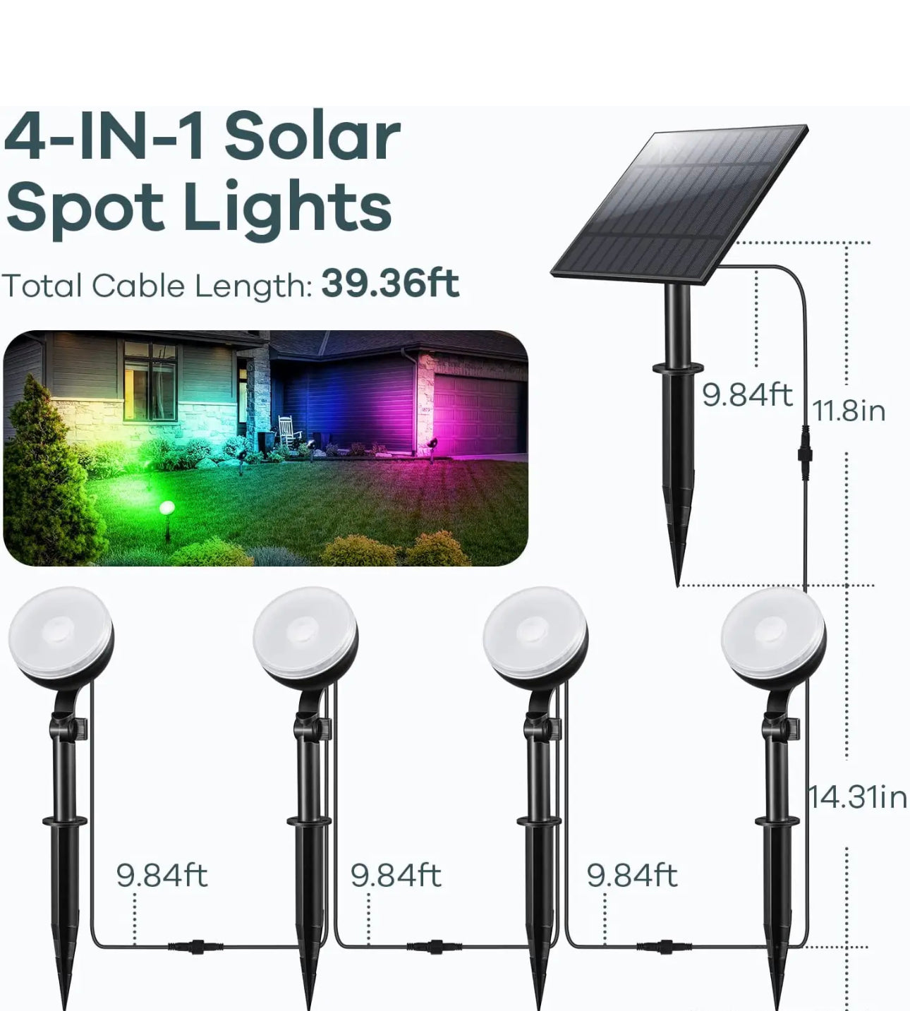 D-IDEAZ® 4 pieces lamp each with 2m cable Solar Garden Spotlight Kit IP65 Waterproof Solar Garden Light Outdoor Decorative