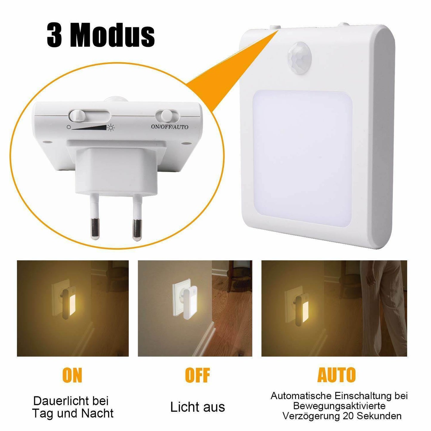 D-IDEAZ® 2 Pack LED night light socket with motion detector, socket light brightness 